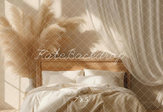 Kate Boho Bed Headboard Pampas Grass Curtain Neutral Printed Backdrop Designed by Emetselch