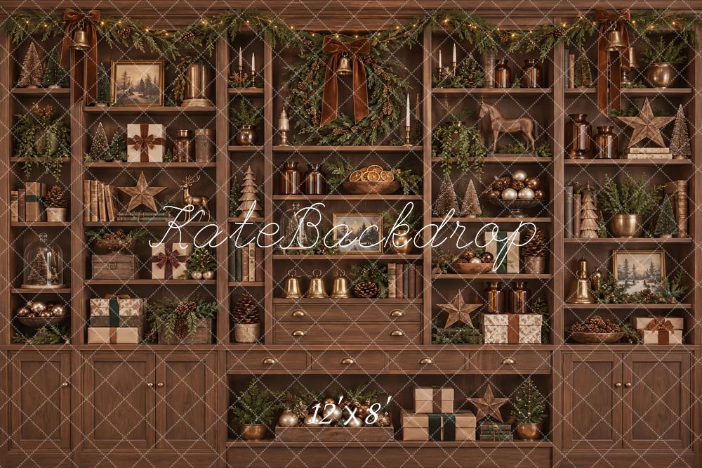 Kate Christmas Brown Cabinet Wreath Garland Shelves Printed Backdrop Designed by Vertigo Productions
