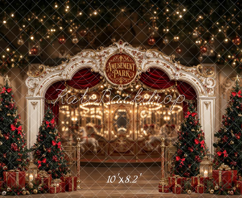 Kate Christmas Amusement Park Arch Christmas Trees Printed Backdrop Designed by Emetselch