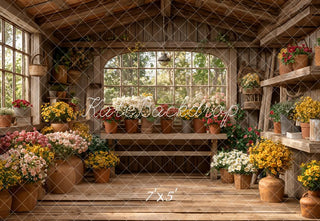 Kate Spring Rustic Wooden Greenhouse Flower Pots Printed Backdrop Designed by Emetselch