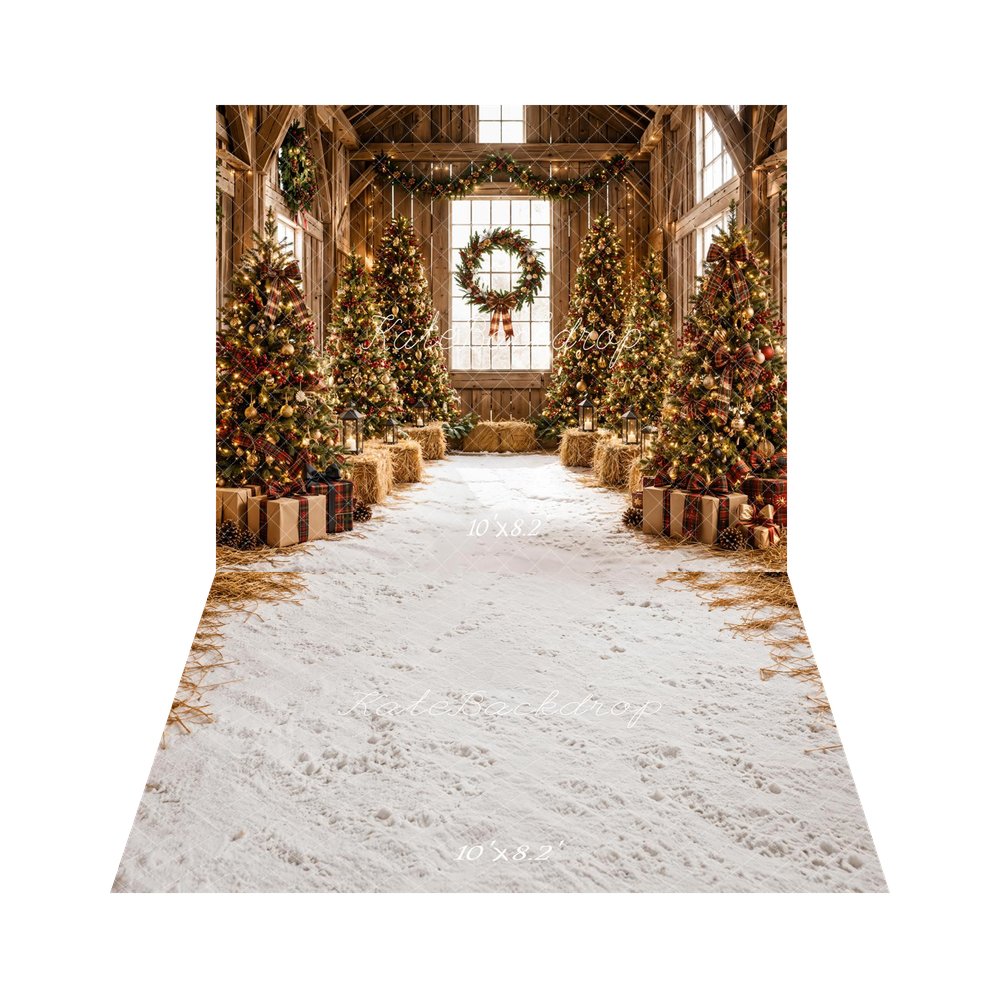 Kate Christmas Rustic Barn Trees Wreath Printed Backdrop+White Snowy Hay Floor Printed Backdrop