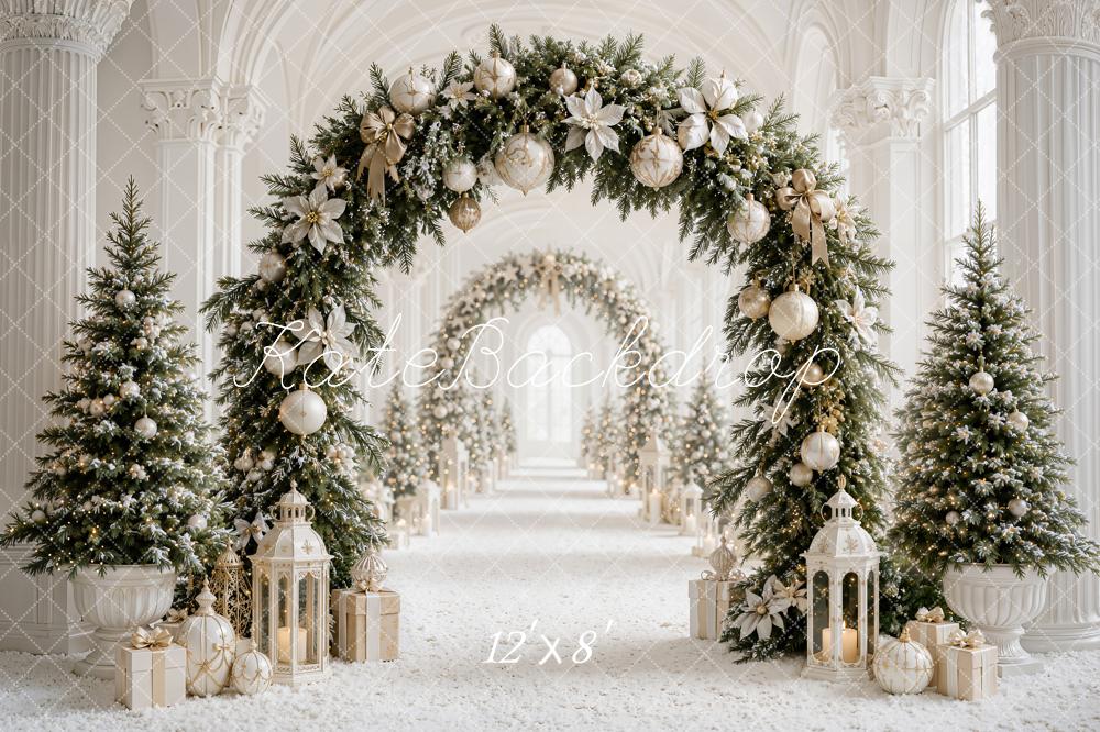 Kate Christmas Flower Archway White Gold Trees Lanterns Columns Printed Backdrop Designed by Emetselch