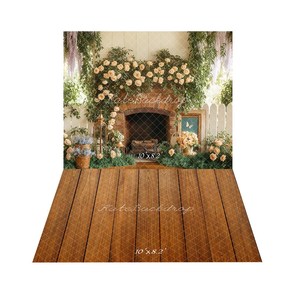 Kate Flower Arch Brick Fireplace Garden Backdrop+Brown Wooden Plank Rustic Floor Backdrop