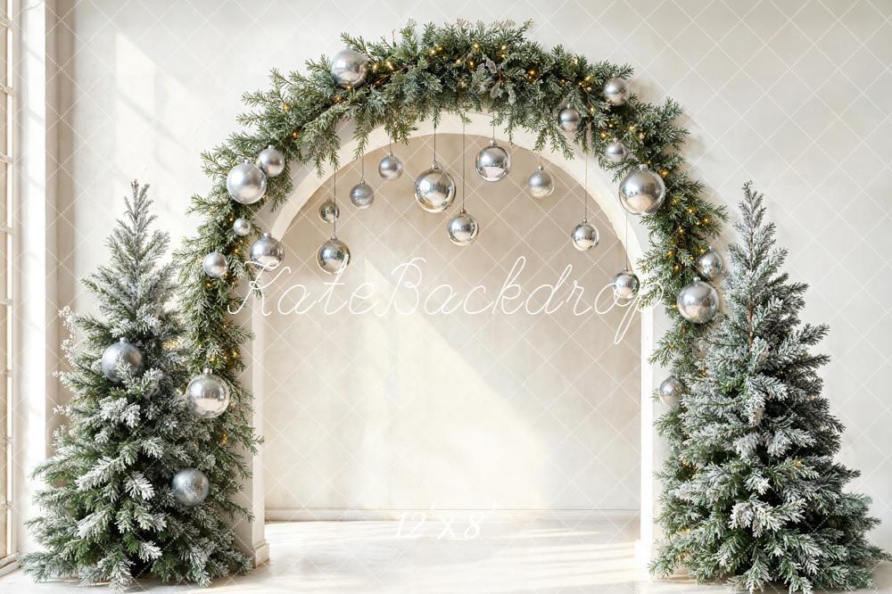 Kate Christmas Pine Arch Silver Ornaments Frosted Trees Backdrop Designed by Emetselch