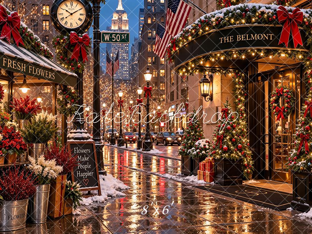 Kate Christmas Snowy New York City Flower Shop Street Printed Backdrop Designed by Shutter Swan Studios