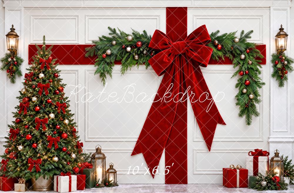 Kate Christmas Tree Red Bow Garland White Wall Gift Printed Backdrop Designed by Patty Roberts