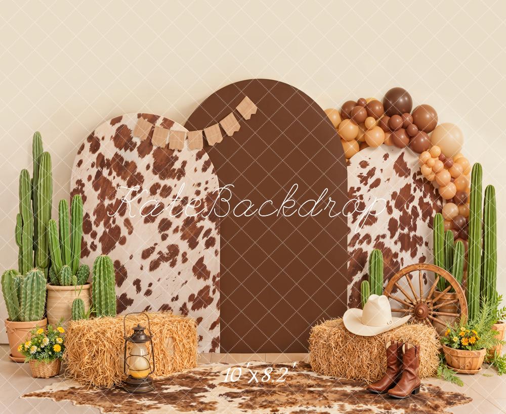 Kate Western Cow Print Cactus Hay Bales Wagon Wheel Boots Balloons Printed Backdrop Designed by Emetselch