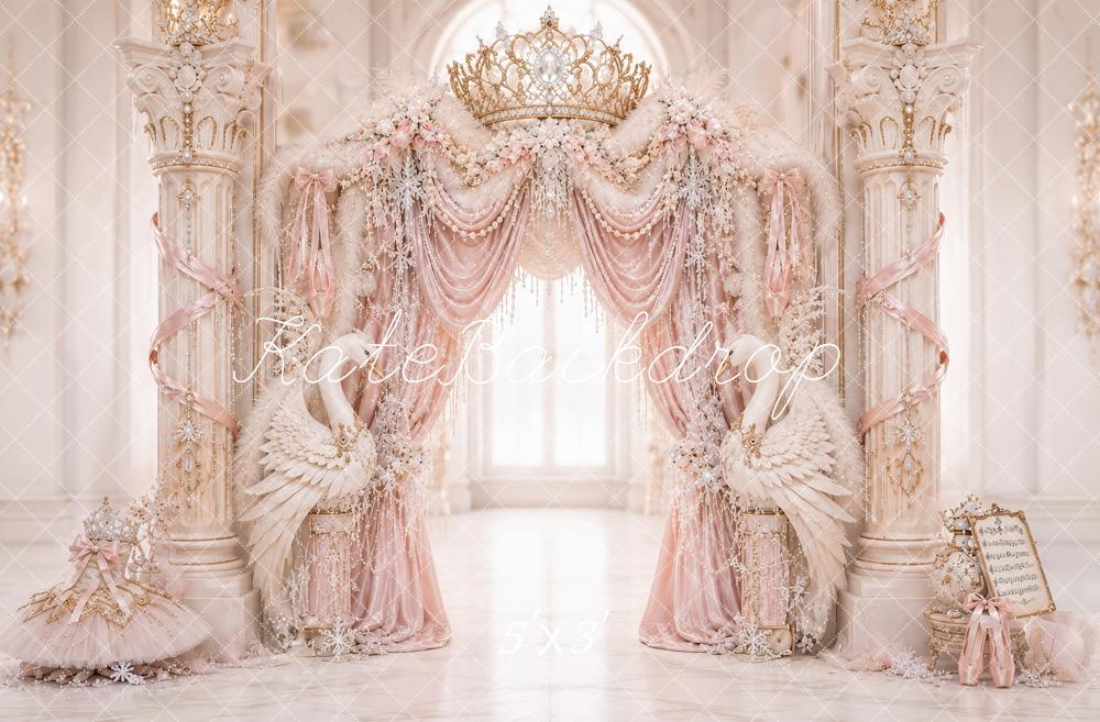 Kate Birthday Fantasy Luxury Pink Palace Swans Crown Drapes Printed Backdrop Designed by Ashley Paul