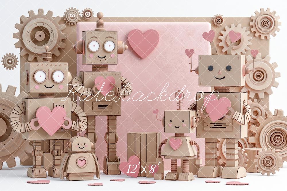 Kate Valentine's Day Wood Robot Pink Hearts Gears Printed Backdrop Designed by Angela Miller
