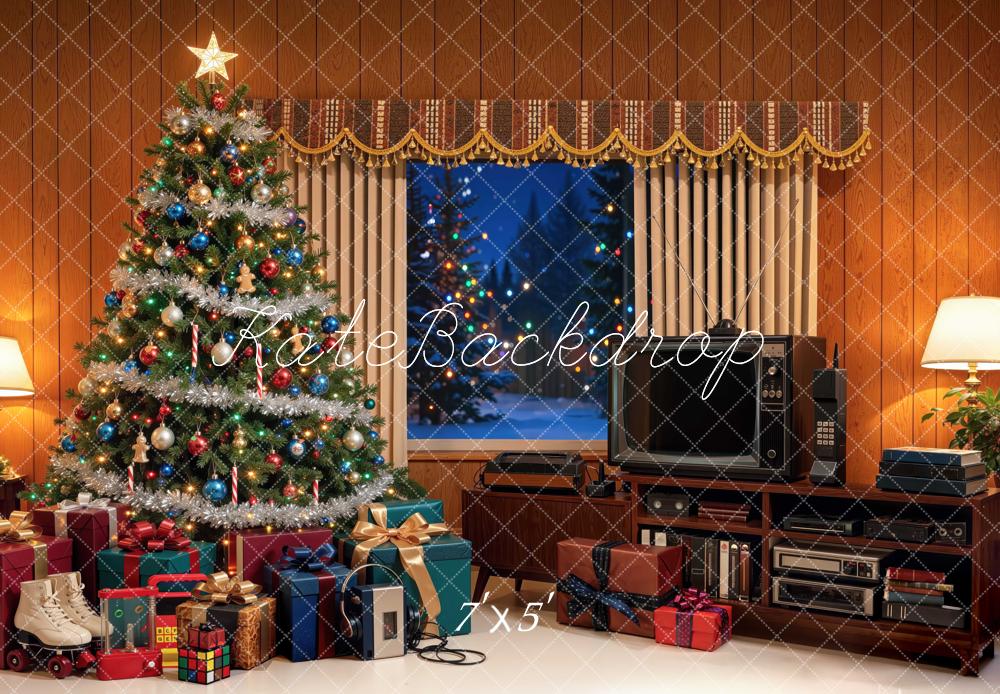 Kate Christmas 80s Retro Living Room TV Tree Gifts Printed Backdrop Designed by Mini MakeBelieve