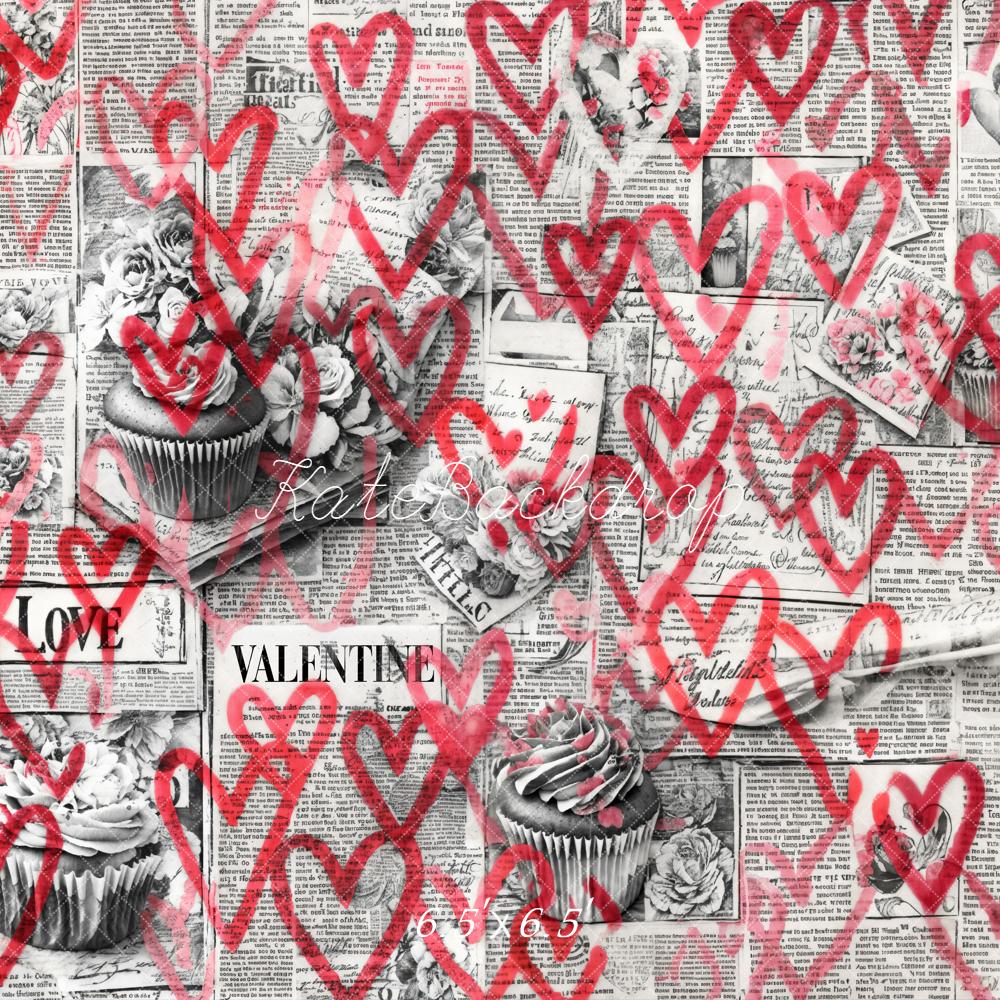 Kate Valentine's Day Newspaper Red Hearts Cupcakes Backdrop Designed by Emetselch