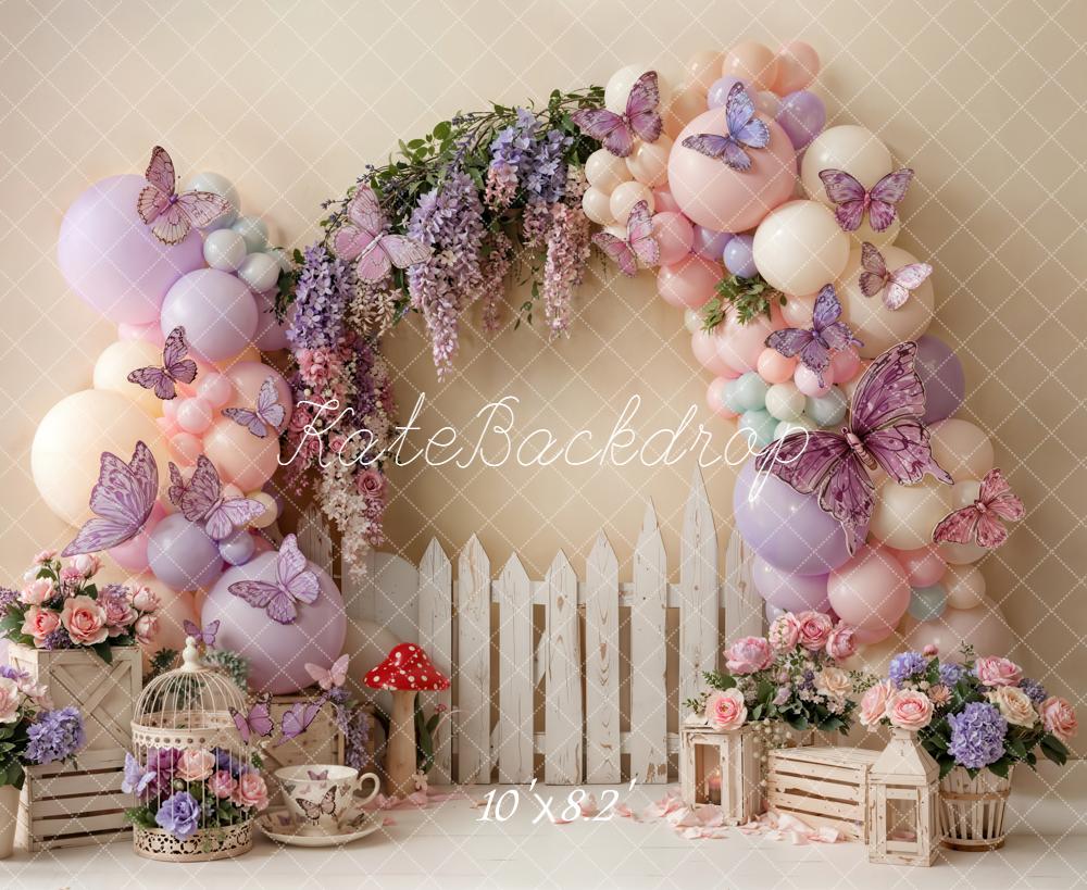 Kate Spring Flower Arch Balloons Butterflies Picket Fence Backdrop Designed by Emetselch