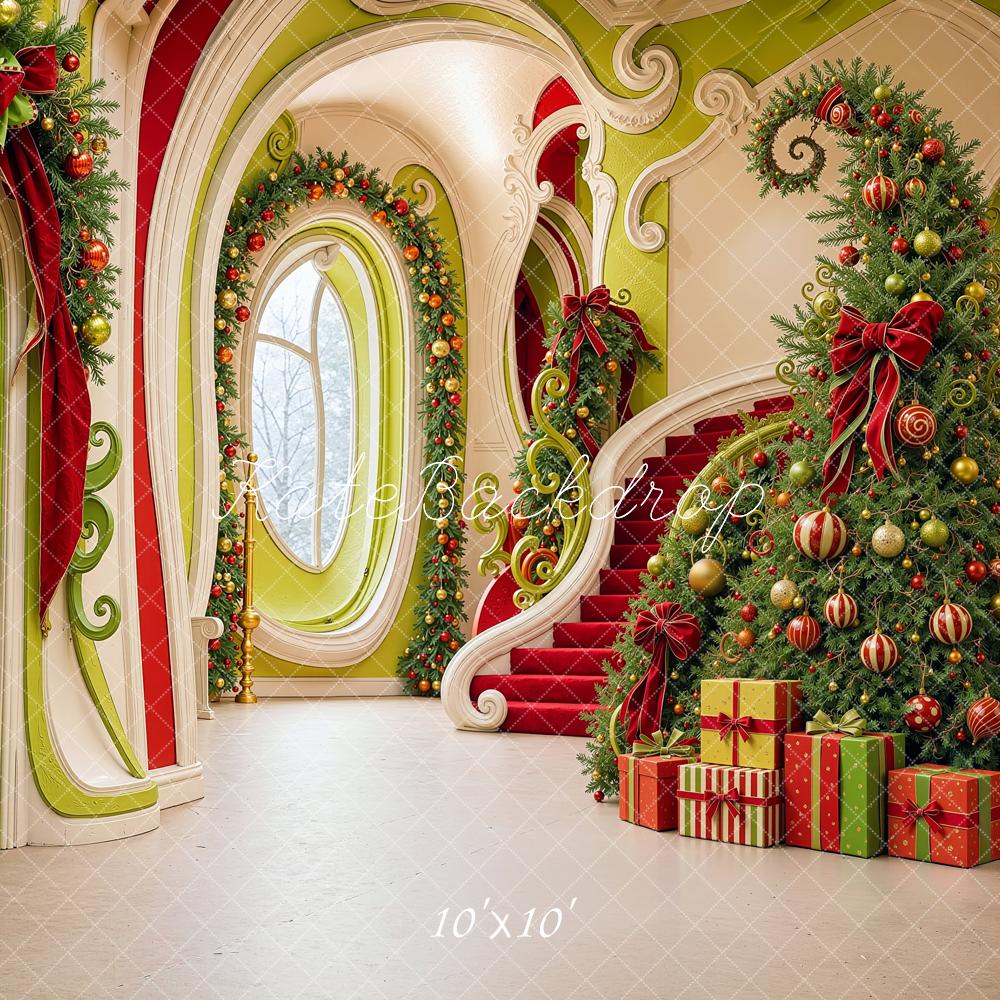 Kate Christmas Cascading Stairs Elf Hallway Tree Printed Backdrop Designed by Shutter Swan Studios