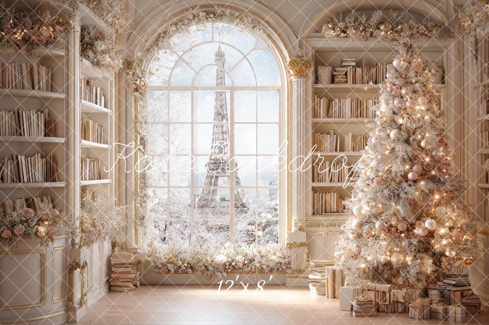 Kate Christmas Bookcase Arch Window Tree Eiffel Tower Backdrop Designed by Ashley Paul