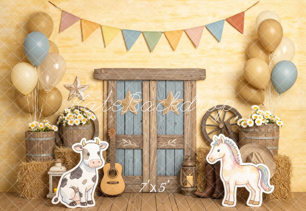 Kate Cake Smash Farmhouse Barn Door Cow Horse Balloons Printed Backdrop Designed by Chain Photography