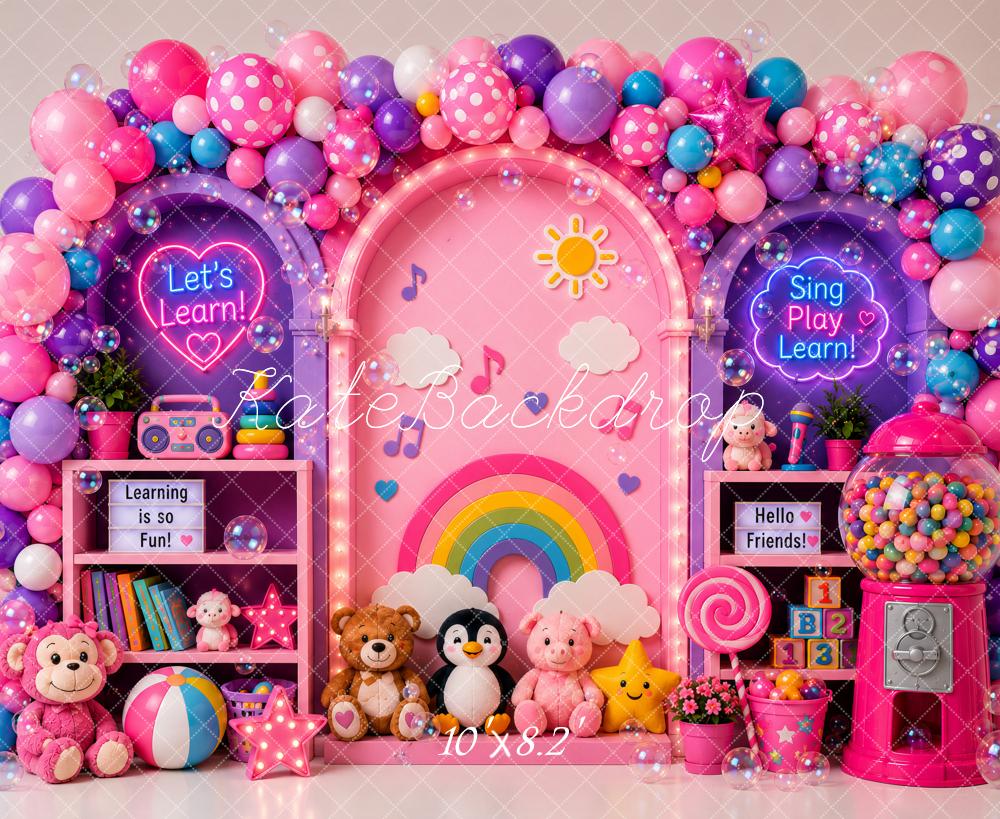 Kate Cake Smash Pink Learning Playroom Balloon Arch Rainbow Printed Backdrop Designed by Ashley Paul