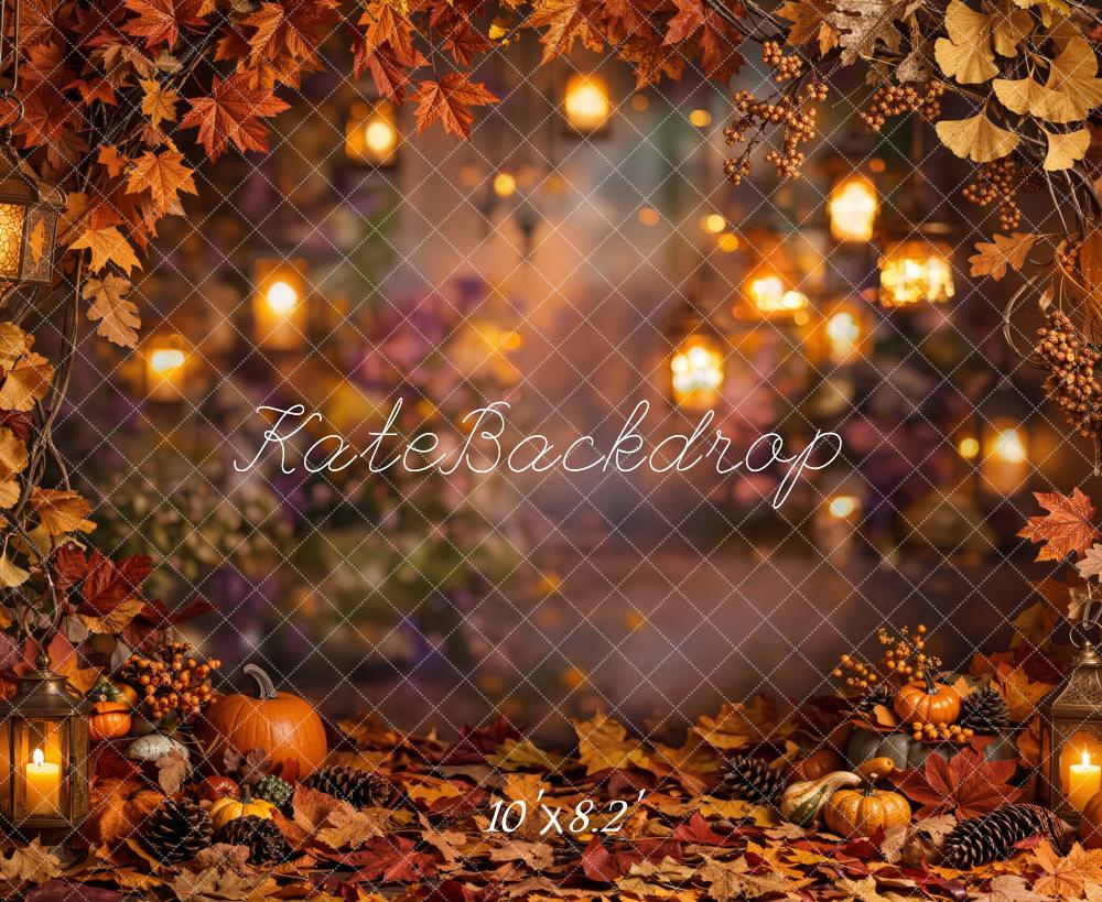 Kate Fall Pumpkins Lantern Leaves Bokeh Printed Backdrop Designed by Emetselch