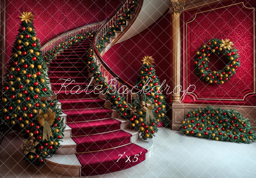 Kate Christmas Staircase Tree Garland Wreath Red Backdrop Designed by Mini MakeBelieve