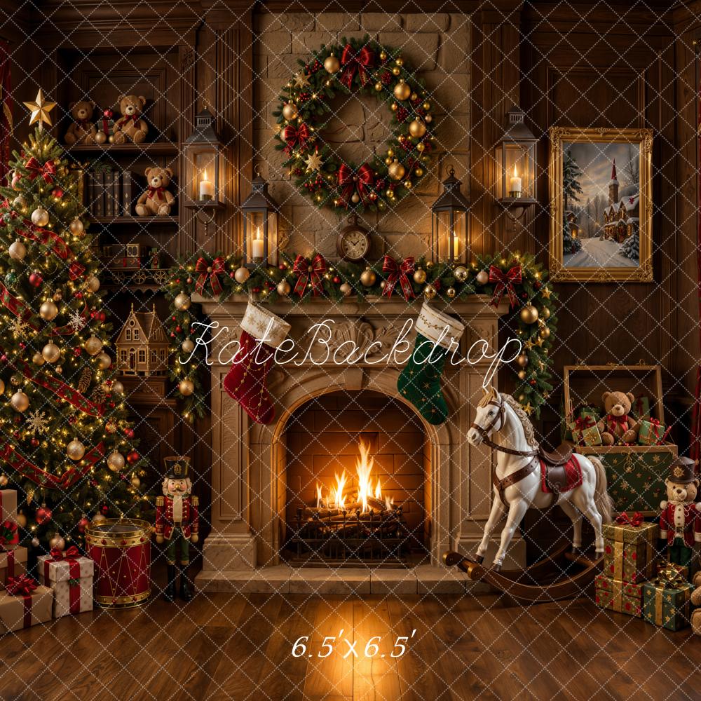 Kate Christmas Fireplace Tree Presents Rocking Horse Teddy Bear Printed Backdrop Designed by Emetselch