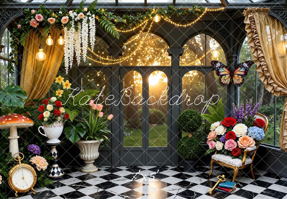 Kate Fantasy Garden Flowers Mushroom Butterfly Clock Backdrop Designed by Mini MakeBelieve