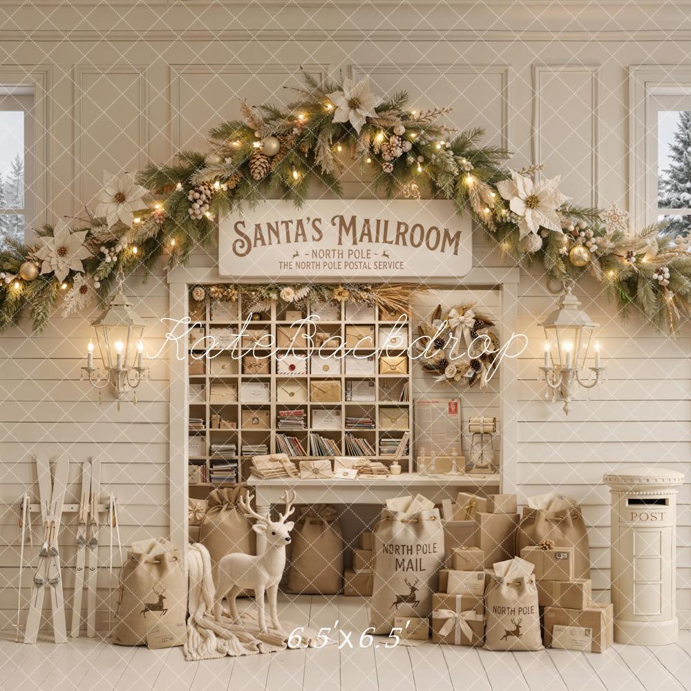 Kate Christmas Mailroom Garland Gifts Reindeer White Window Printed Backdrop Designed by Emetselch