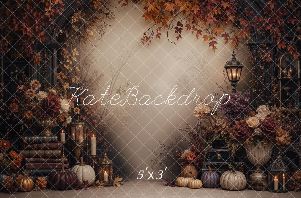Kate Fall Vintage Floral Pumpkin Lantern Arch Books Leaves Printed Backdrop Designed by Jordan Moon