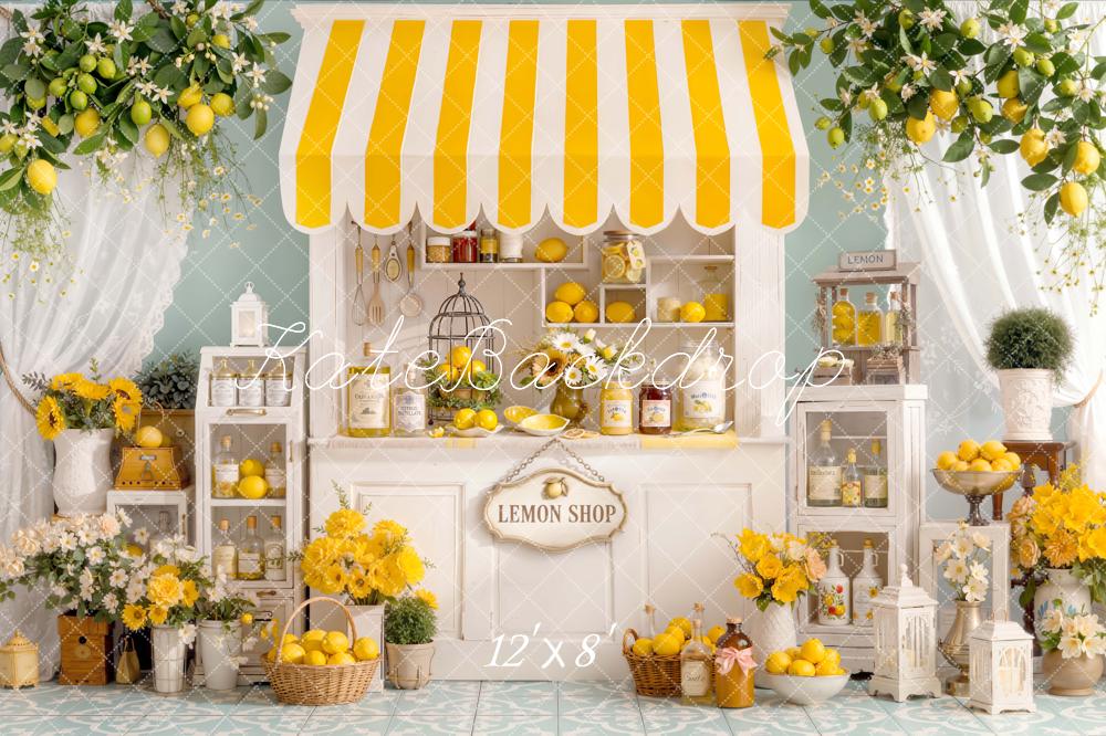 Kate Summer Lemon Shop Yellow Striped Awning Flowers Shelves Printed Backdrop Designed by Emetselch