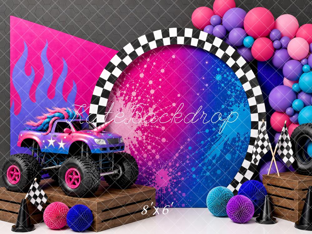 Kate Birthday Truck Racing Checkered Flags Balloons Printed Backdrop Designed by Shutter Swan Studios