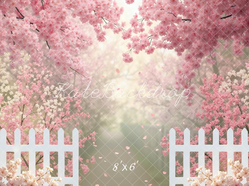 Kate Pink Cherry Blossoms White Fence Garden Backdrop Designed by Mini MakeBelieve