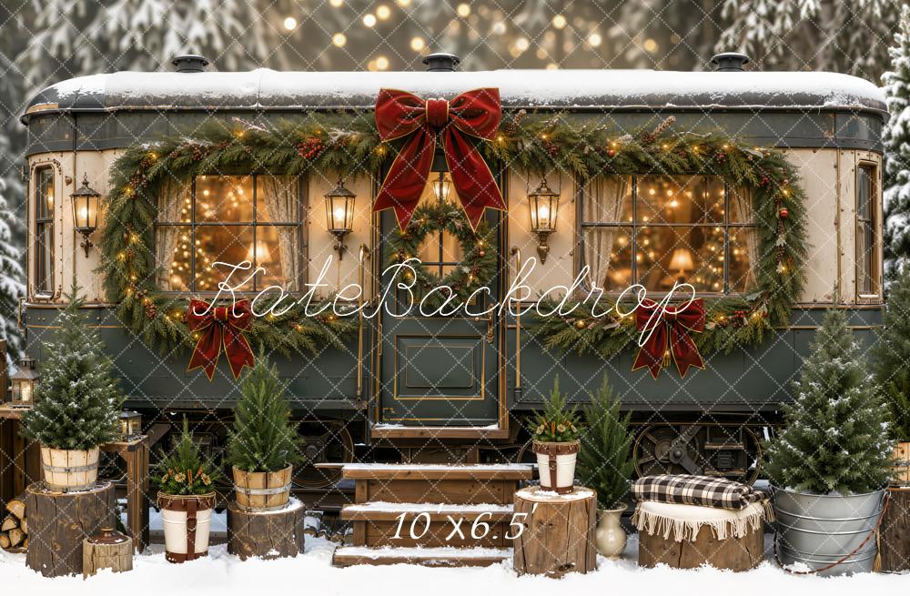 Kate Christmas Snowy Garland Trailer Res Bow Printed Backdrop Designed by Emetselch