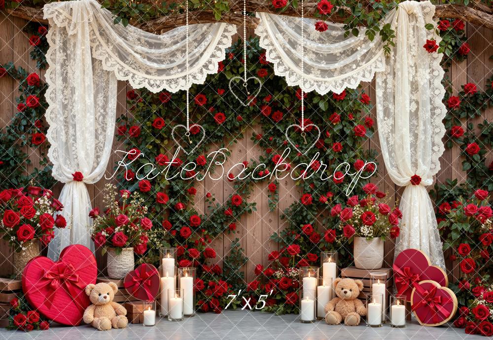 Kate Valentine's Day Lace Curtains Red Rose Heart Teddy Bears Printed Backdrop Designed by Mini MakeBelieve