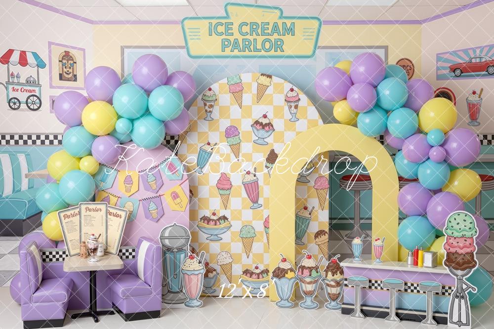 Kate Cake Smash Ice Cream Parlor Pastel Balloons Diner Booth Printed Backdrop Designed by Mini MakeBelieve