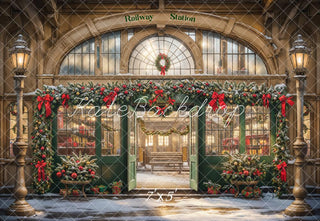 Kate Christmas White Retro Railway Station Printed Backdrop Designed by Emetselch