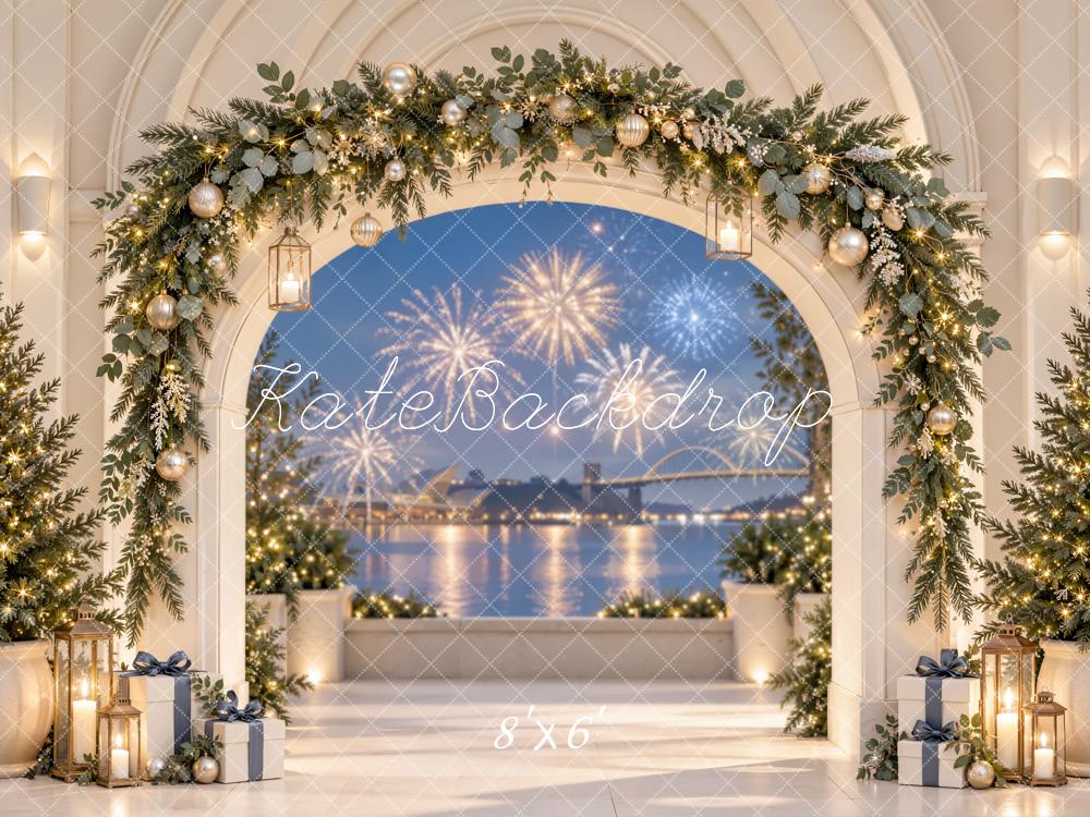 Kate Christmas Garland Arch Fireworks Waterfront Printed Backdrop Designed by Emetselch