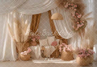 Kate Boho Pampas Grass Pink Flowers Wicker Sofa Printed Backdrop Designed by Emetselch