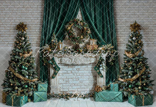Kate Christmas White Retro Floral Brick Fireplace Printed Backdrop Designed by Emetselch