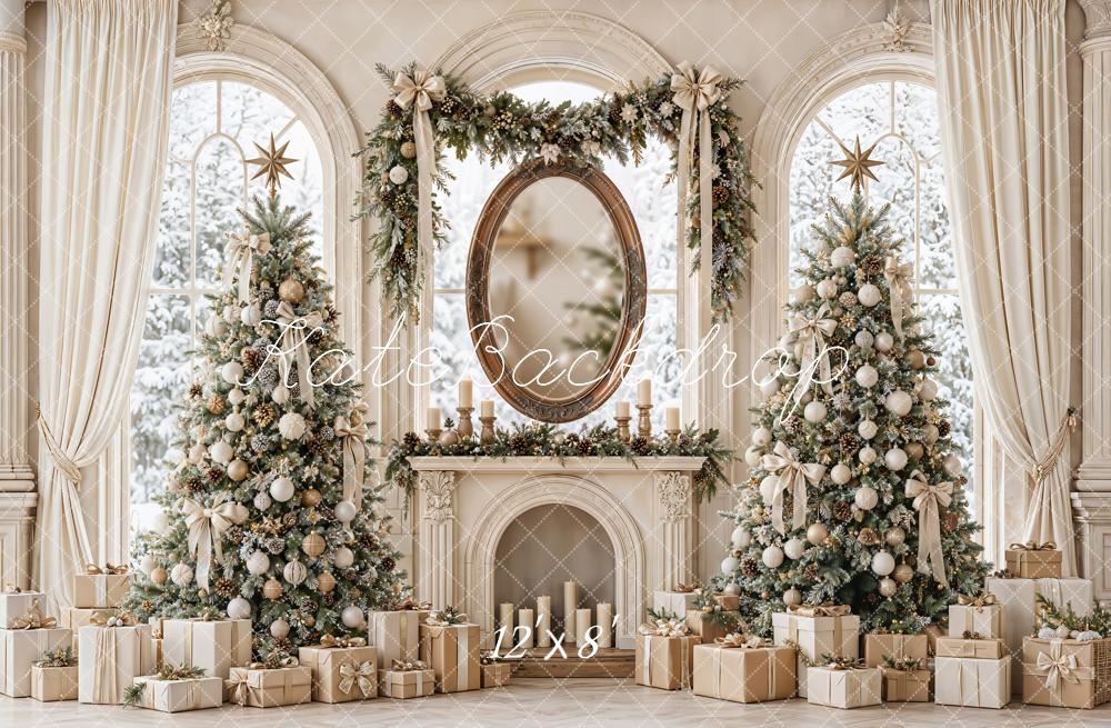 Kate Christmas Vintage Fireplace Window Christmas Tree Gifts Printed Backdrop Designed by Emetselch