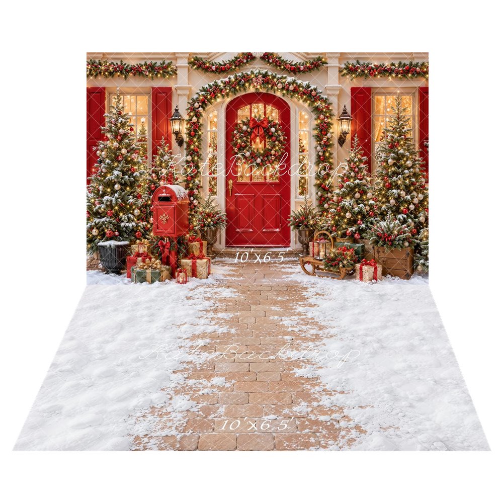 Kate Christmas Red Door Wreath Garland Trees Mailbox Printed Backdrop+Winter Snow Brick Floor Printed Backdrop
