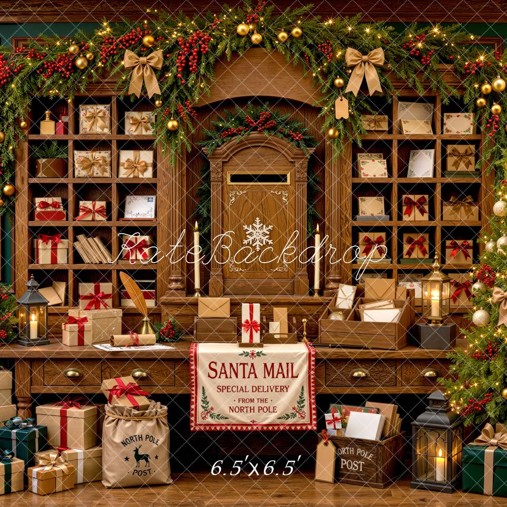 Kate Christmas Post Office Gifts Tree Shelves Printed Backdrop Designed by Mini MakeBelieve