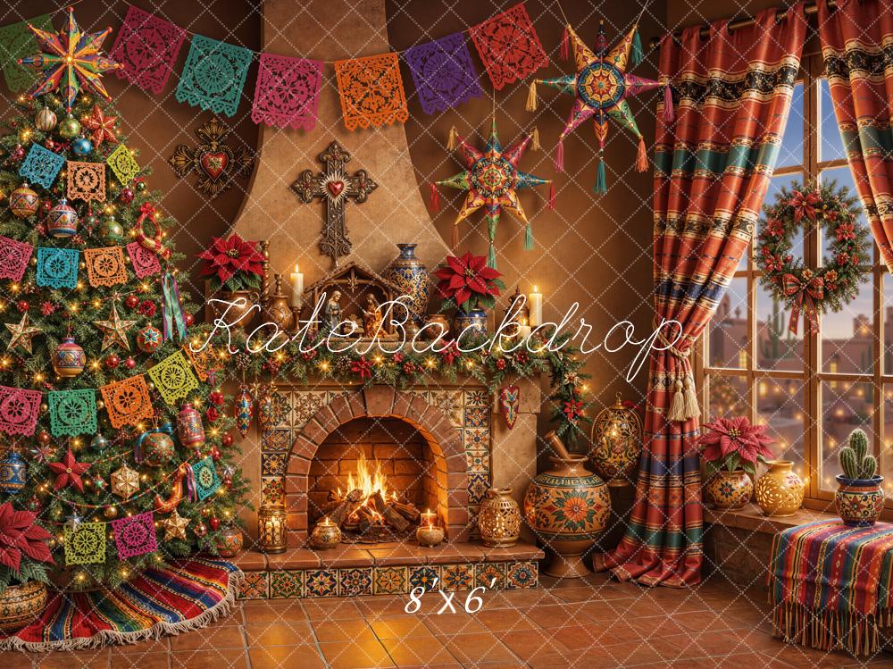 Kate Mexican Christmas Tree Fireplace Papel Picado Curtains Printed Backdrop Designed by Emetselch