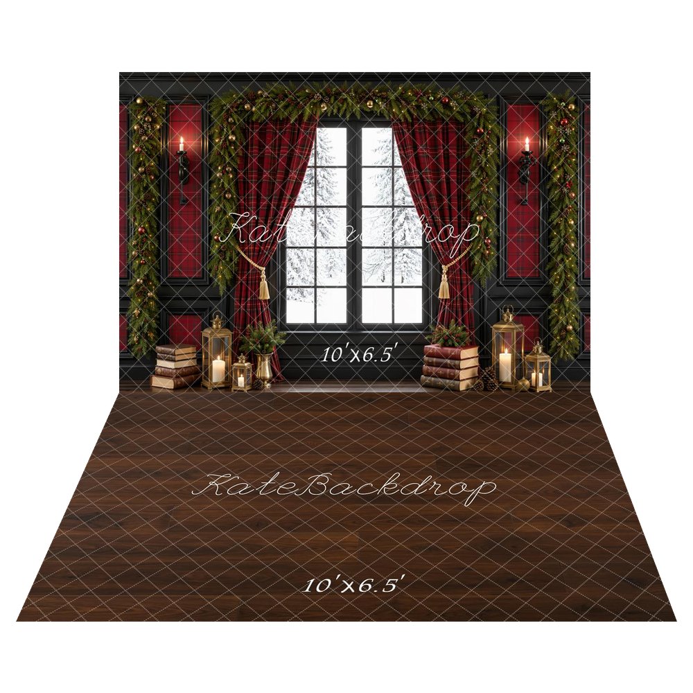 Kate Christmas Plaid Curtains Snowy Window Garland Printed Backdrop+Brown Wood Floor Printed Backdrop