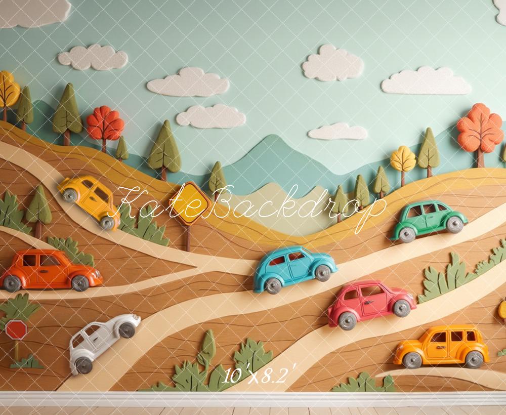 Kate Cartoon Cars Hillside Road Trees Clouds Printed Backdrop Designed by Laura Bybee