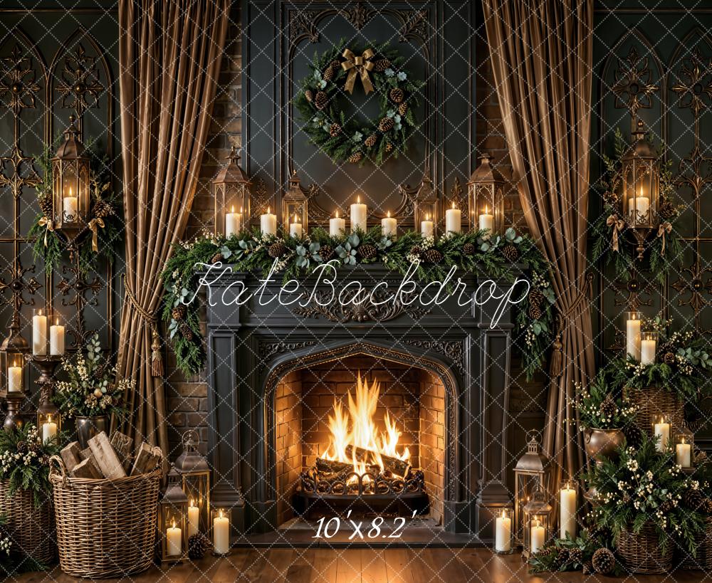Kate Christmas Fireplace Vintage Wreath Greenery Candles Garland Lanterns Printed Backdrop Designed by Emetselch