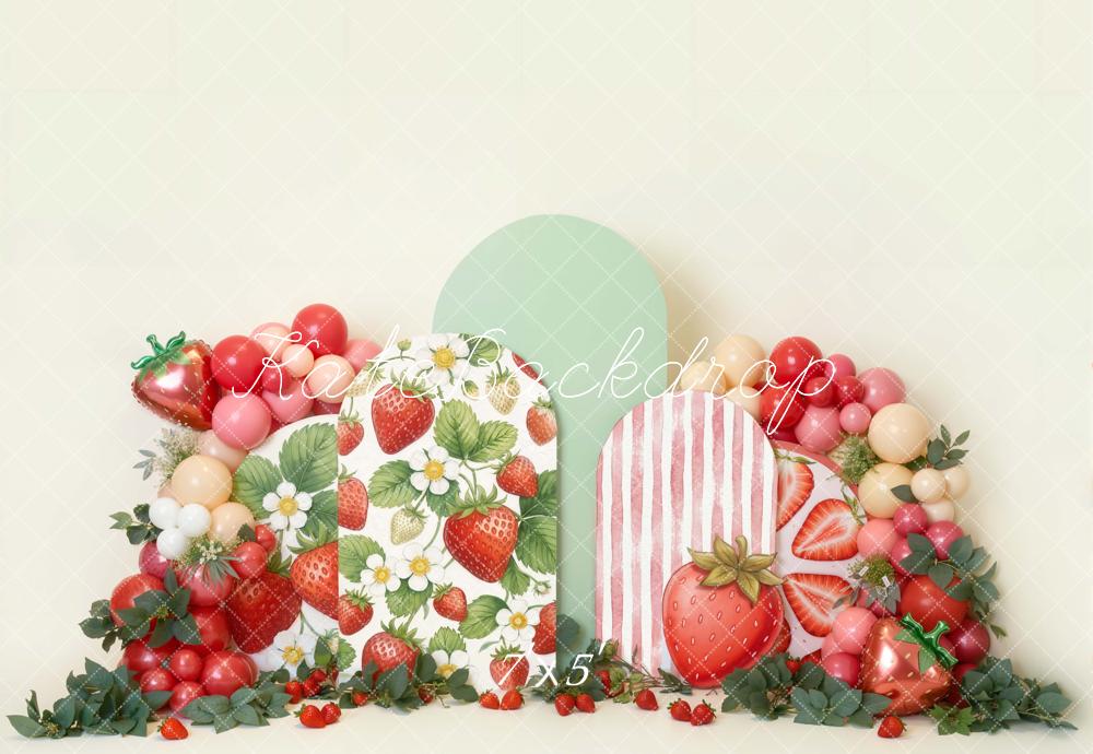 Kate Cake Smash Strawberry Balloon Arch Greenery Printed Backdrop Designed by Emetselch