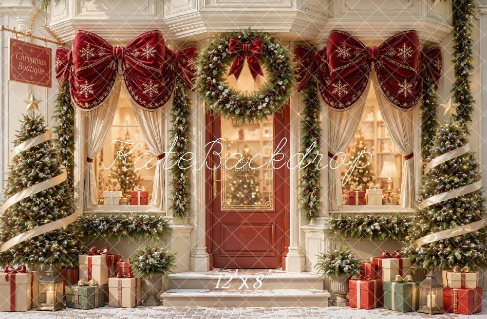Kate Christmas Doorway Boutique Red Bow Garland Christmas Trees Printed Backdrop Designed by Emetselch