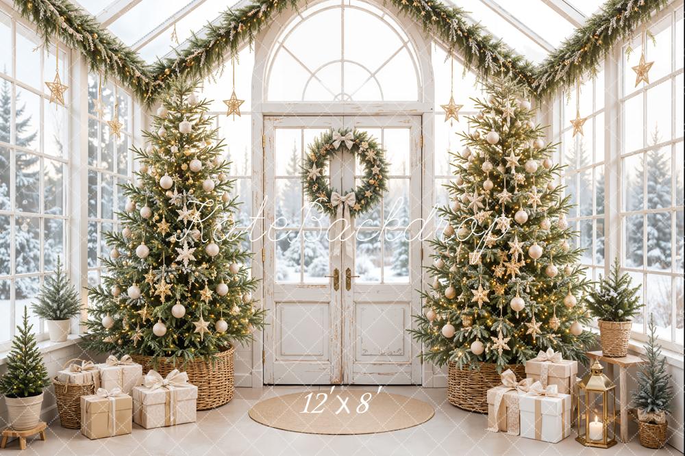 Kate Christmas Greenhouse Gold Star Trees Wreath Presents Printed Backdrop Designed by Emetselch