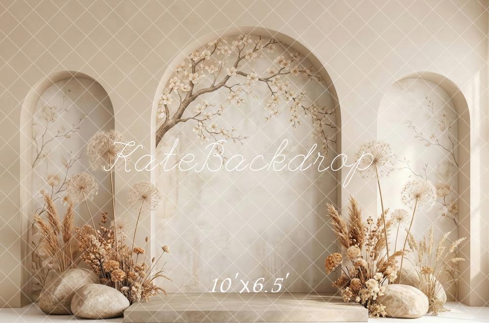 Kate Mother's Day Beige Flower Arch Dried Flowers Rocks Printed Backdrop Designed by Patty Roberts