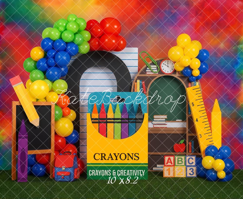 Kate Back to School Rainbow Crayons Balloons Chalkboard Ruler Printed Backdrop Designed by Emetselch