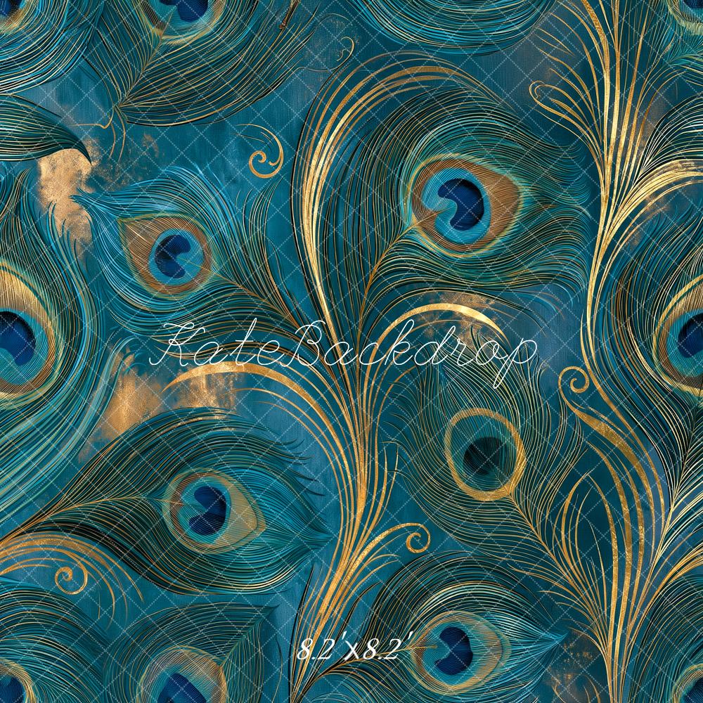 Kate Fine Art Teal Peacock Feather Gold Swirl Pattern Printed Backdrop Designed by Angela Miller