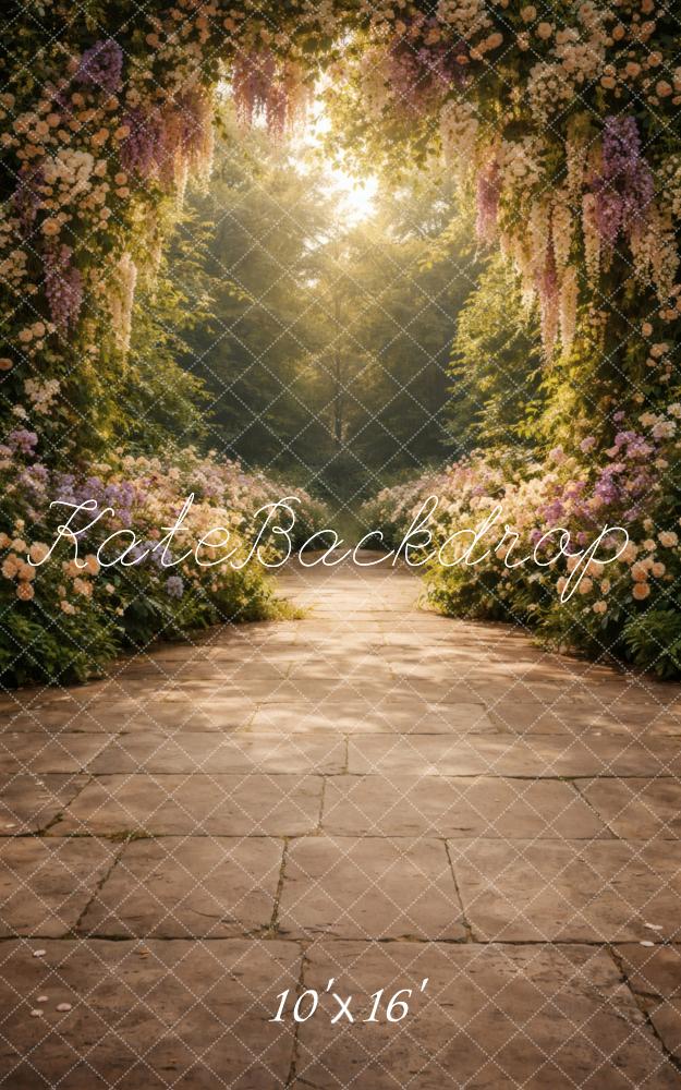 Kate Sweep Flower Arch Sunlit Stone Path Printed Backdrop Designed by Vertigo Productions